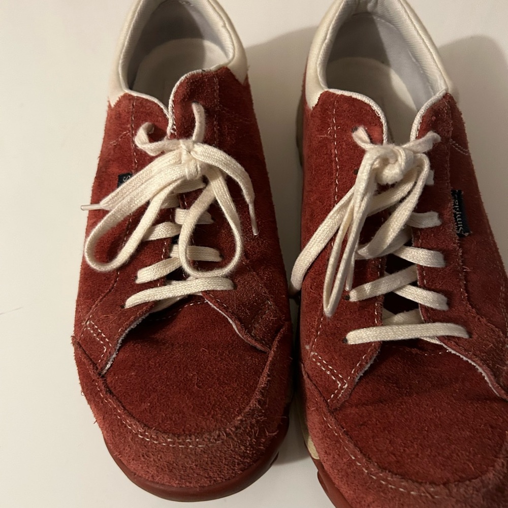 Simple, red suede, women’s athletic shoes